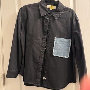 Woman’s vintage Havana Black Button-Up Shirt with Light Blue Patch Pocket